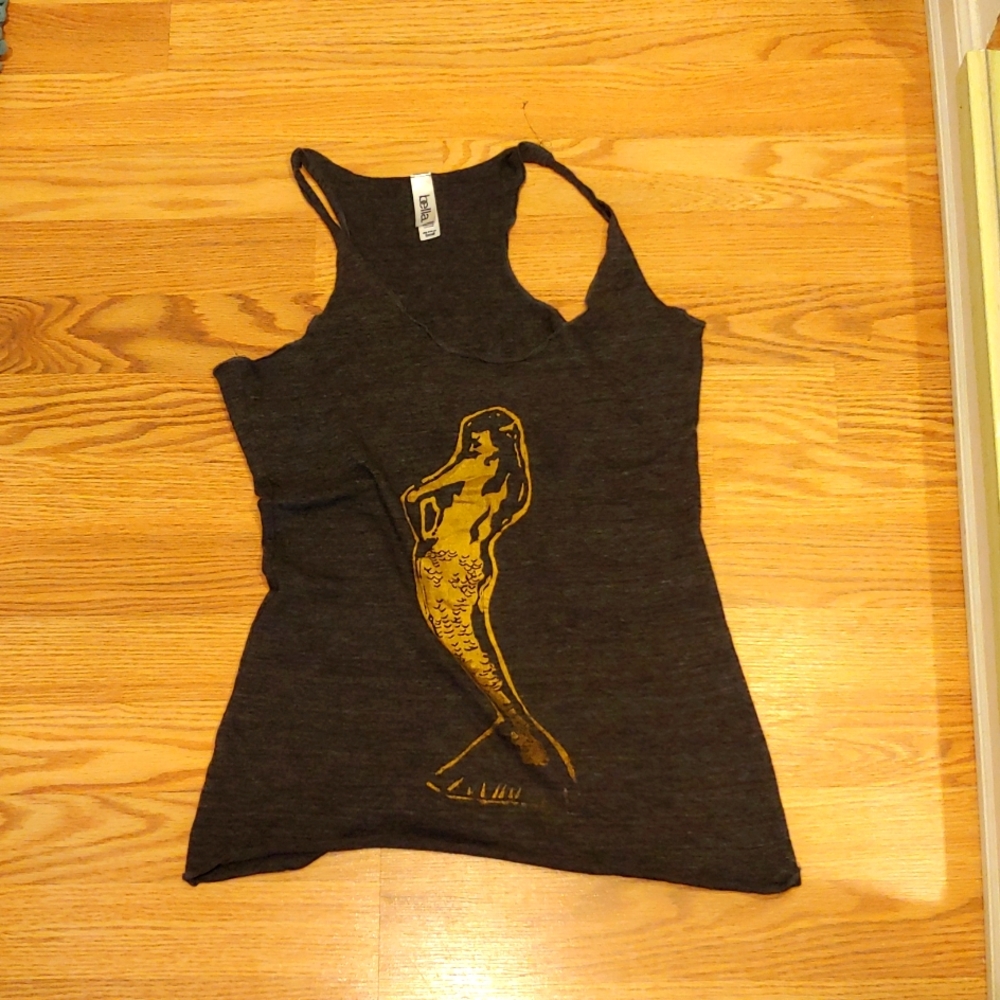 Bella mermaid screenprint racerback tank, size S, black & gold